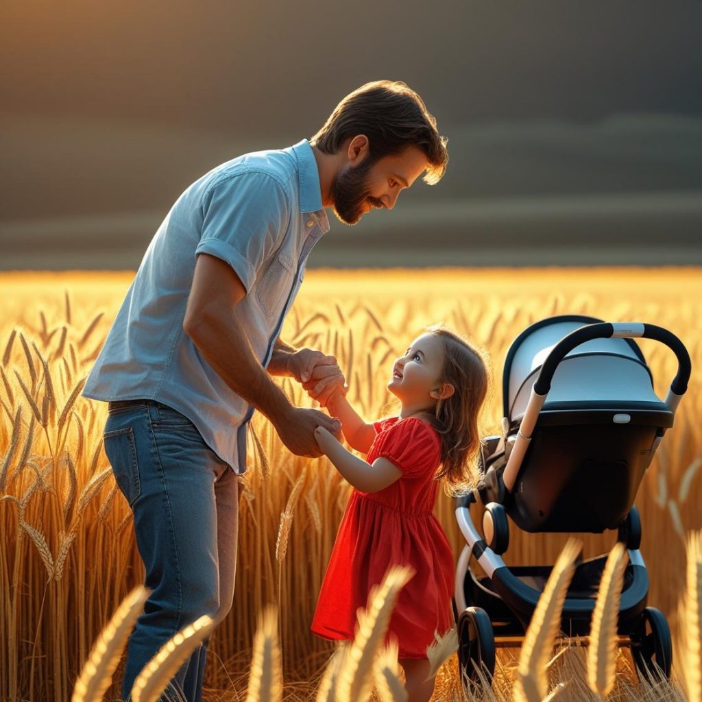 Papa et sa fille partagent un moment de complicité dans un champ de blé au coucher du soleil, avec une poussette à leurs côtés.
